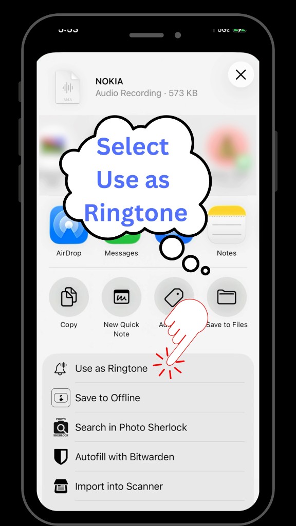 iOS share sheet with Use as Ringtone option on iOS 26