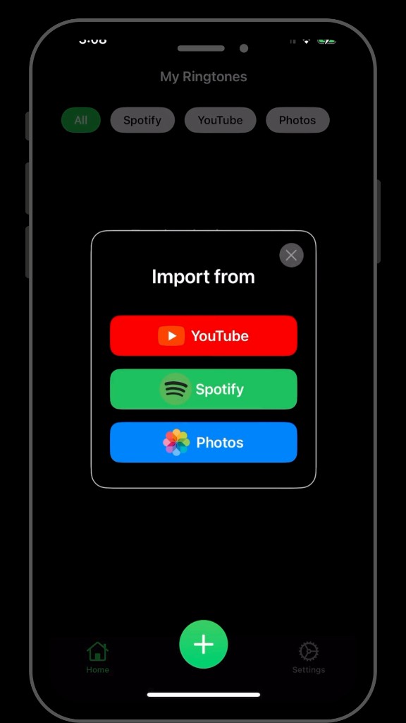 iRingtone import screen for choosing audio source